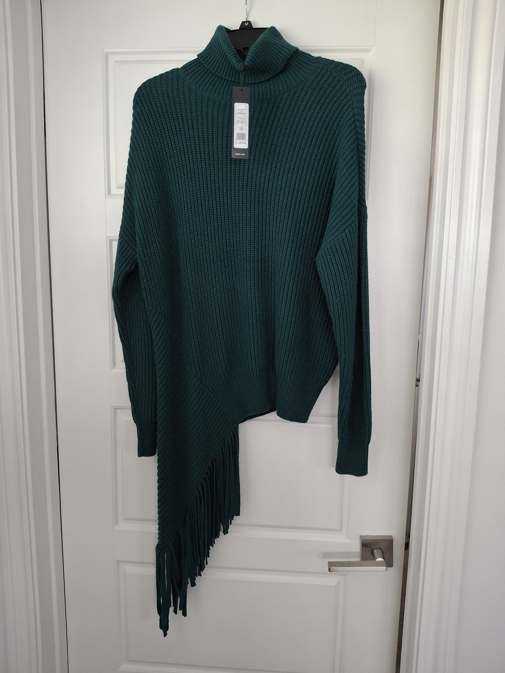 BCBG NWT Teal Asymmetric Fringe Turtleneck Sweater